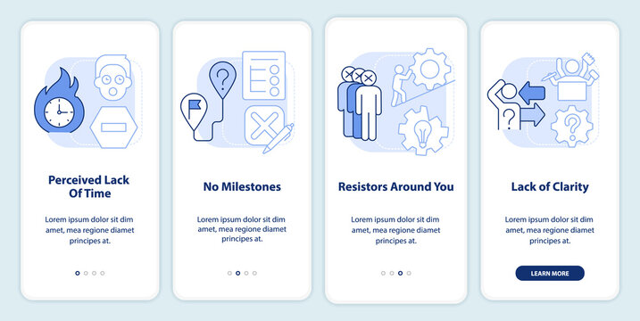 Barriers To Change Management Light Blue Onboarding Mobile App Screen. Walkthrough 4 Steps Editable Graphic Instructions With Linear Concepts. UI, UX, GUI Template. Myriad Pro-Bold, Regular Fonts Used