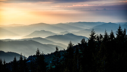 Sunrise in the Rarau mountains, Eastern Carpathians, Romania.