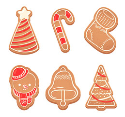 Gingerbread Christmas cookies in form of tree bell and socks