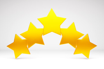 3d illustration 5 golden stars stands in a row on white isolated background. The concept of evaluation of restaurants, hotels and others. First-class star rating