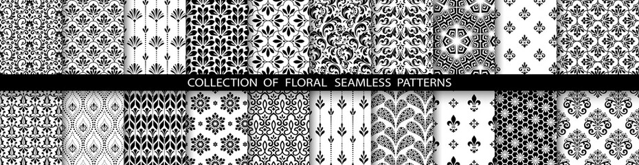 Geometric floral set of seamless patterns. White and black vector backgrounds. Simple illustrations.