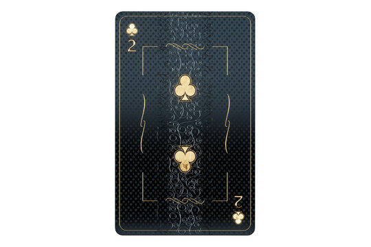 Casino concept, clubs deuce playing cards, black and gold design on white background. Gambling, luxury style, poker, blackjack, baccarat. 3D rendering, 3D illustration.