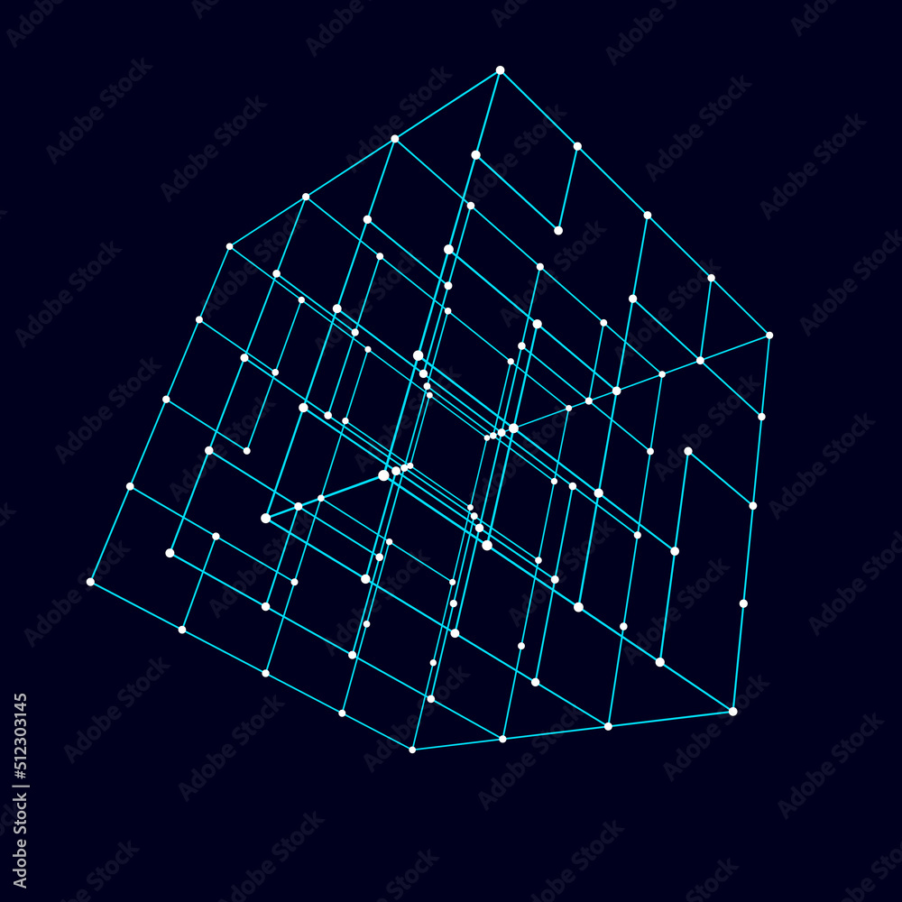 Poster abstract wireframe cube whith connection dots and lines. digital blockchain concept and data transfe