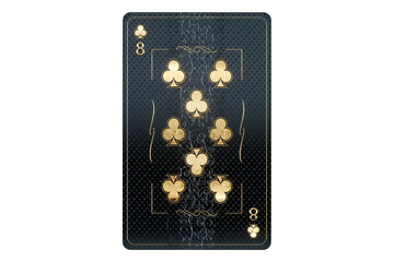 Fototapeta na wymiar Casino concept, clubs 7 playing cards, black and gold design on white background. Gambling, luxury style, poker, blackjack, baccarat. 3D rendering, 3D illustration.