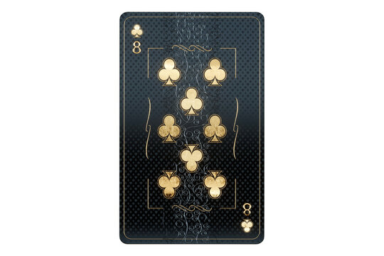 Casino concept, clubs 7 playing cards, black and gold design on white background. Gambling, luxury style, poker, blackjack, baccarat. 3D rendering, 3D illustration.