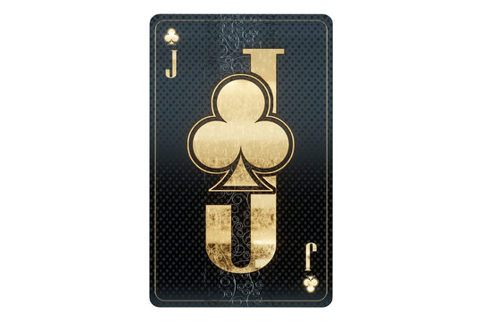 Casino concept, clubs jack playing card, black and gold design isolated on white background. Gambling, luxury style, poker, blackjack, baccarat. 3D render, 3D illustration.