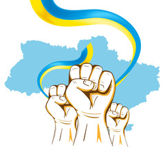 Ukraine Patriotic Banner with Ukrainian Flag in Raised Hands, good to Independence Day Background.