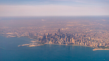 Aerial View of the Chicago Skyline from Commercial Airplane Approaching Airport
