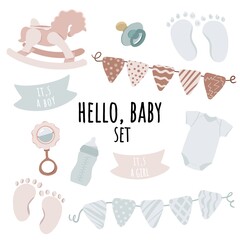 Baby set. Hello, baby. Gender party. Baby shower. Boy or girl. 