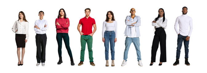 Group of different, multi ethnic people, men and women standing isolated over white background, Horizontal flyer, banner. Models in casual and business style clothes