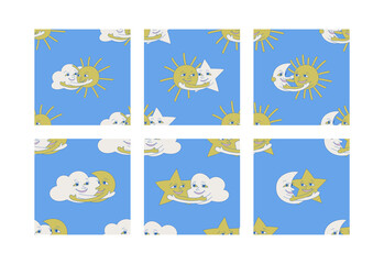 Set of seamless vector weather patterns. Cute collection of happy embrace cloud sun star and moon backgrounds for kids design, fabric, textile, cover etc.