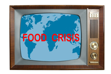 old retro analog TV with world map screen, concept of economic problems, global food crisis,...