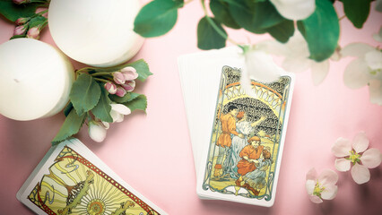 Blurred Tarot cards background on the table. Esoteric concept and astrology, Ten of cups