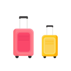 Flat pink and yellow travel suitcases isolated on white background. Flat vector design illustration