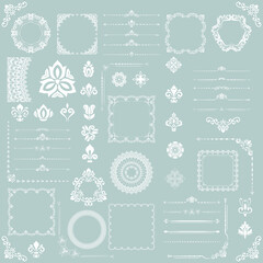 Vintage light blue and white set of vector horizontal, square and round elements. Elements for backgrounds, frames and monograms. Classic patterns. Set of vintage patterns