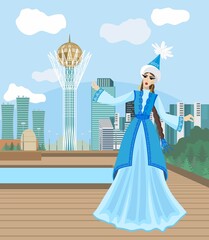 Vector image of a dancing girl on the background of the capital of Kazakhstan Nur-Sultan