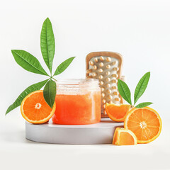 Spa setting with orange sugar scrub in jar with tropical green leaves, wooden massage brush and...