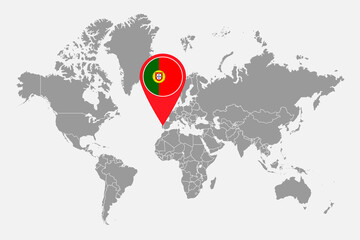 Pin map with Portugal flag on world map. Vector illustration.