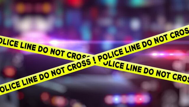 Police line, do not cross, caution yellow tape. Blurred flashing police lightbar and led grille strobes. Seamless loop