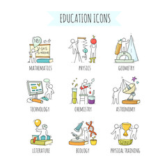 School icons set with studing little people
