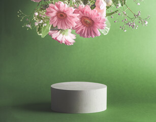 Beautiful minimal modern product display with podium and hanging pink flowers at green background....