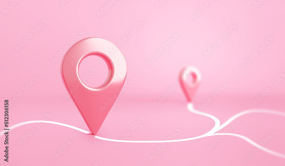 Poster pink location 3d icon on position place map navigation background with pastel direction pin point sy