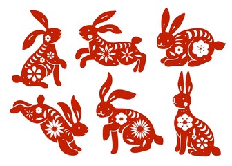 Chinese rabbit New Year. Traditional bunnies silhouettes. Decorative floral elements. 2023 animals. Horoscope character. Asian lunar calendar. Zodiac hare with flowers. Classy vector set