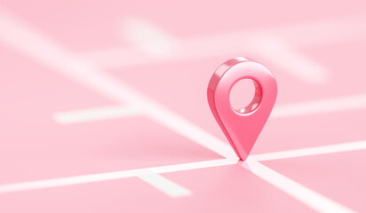 Pink location 3d icon on position place map navigation background with pastel direction pin point symbol or gps destination pointer marker route sign and discovery find road address delivery target.