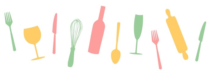 Obraz premium Set of black silhouettes kitchen tools fork spoon knife rolling pin ladle board for cutting culinary banner with place for your text vector illustration isolated on white background