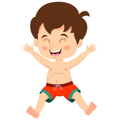 Cartoon happy little boy in a summer swimsuit