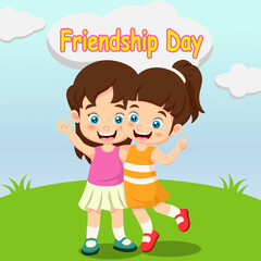 Happy Friendship Day. Happy two girls cartoon in the grass