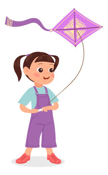 Cute girl holding kite string. Summer fun activity