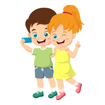 Cute little boy and girl take selfie