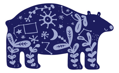 Decorative bear print. Forest animal with night sky ornament