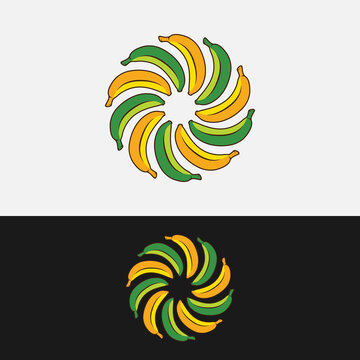 Yellow Green Bananas Sun or Aperture Camera Logo Design Template. Suitable for Fruit Shops, Supermarkets, Severage Brands, or Photography Studios.