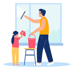 Family cleaning windows. Daughter helping father with glass washing