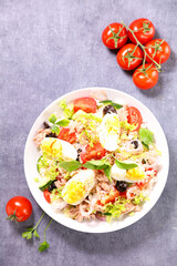 rice salad with egg,  tuna,  tomato and olive