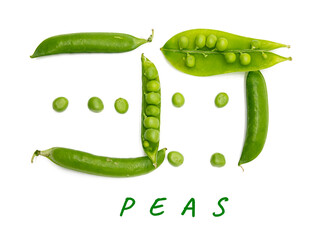 Fresh green peas isolated on a white background, top view