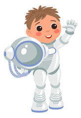 Kid in space suit waving hand. Happy astronaut greeting