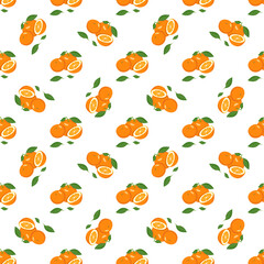 Fototapeta premium Seamless bright spring and summer pattern with oranges and slices on a white background. A set of citrus fruits for a healthy lifestyle. Vector flat illustration of healthy food