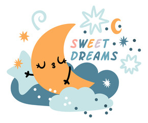 Sweet dreams. Child poster with crescent sleep on cloud