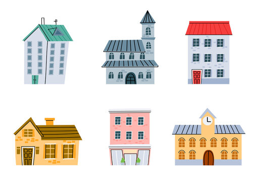 Cartoon town street buildings, original houses set