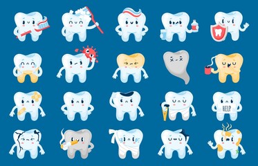 Good and bad tooth. Healthy cartoon characters and with dental problems, caries, infection and erosion. Vector unhappy teeth with sad faces, dental care concept