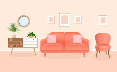 Modern living room interior with furniture and home plants. Design of a cozy room with a sofa, plants and decor items. Vector flat style illustration. lounge room.