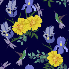 Fototapeta na wymiar Seamless vector illustration with yellow marigolds, iris and hummingbirds on a dark background.