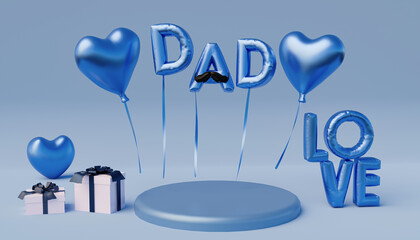 Happy Father's Day 3D illustration featuring podium background with mustache, gift box, heart shape balloons, copy space text, 3D rendering illustration.