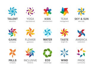 Fototapeta na wymiar Pinwheel logo. Abstract rainbow color summer spinner symbol, wind propelled children summer toy isolated collection. Vector business logos