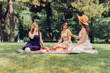 Women drinking juice during picnic in summer park