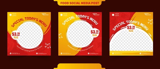 Delicious restaurant promotion food menu ideas content in red and yellow for social media post square web ads poster flyer banner template