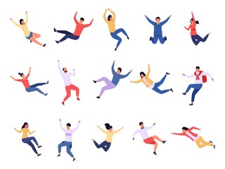 Flying people. Floating and falling characters, dream and imagination concept with various young persons. Vector group of teenagers flying together